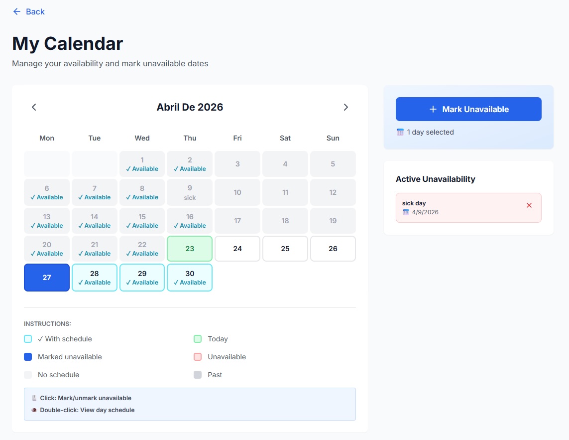 Vista de calendario y disponibilidad