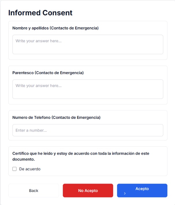 Pantalla de Informed Consent — consentimiento informado del paciente